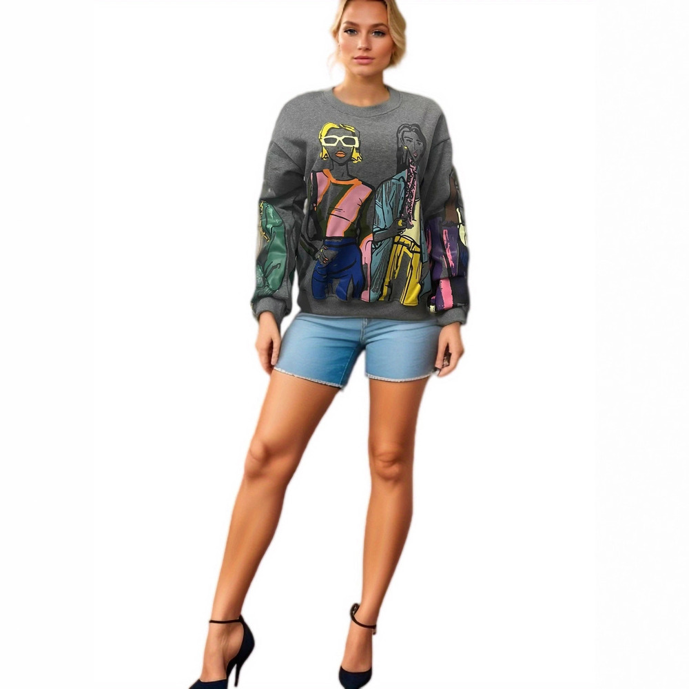 ZARA Fall Winter Warm Fleece Lined Crew Neck Loose Printed Sweatshirt 3D Print
